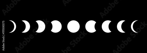 Full sun eclipse concept. Moon phases or stages illustration. Total solar eclipse and lunar cycle. Black and white elements for poster, banner, collage, brochure, cover, tattoo. Vector