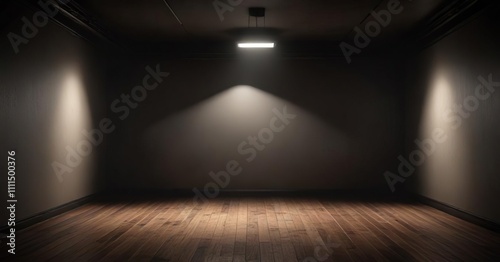 Darkly lit room with a single flickering light source at the far end  single light source  shadows cast