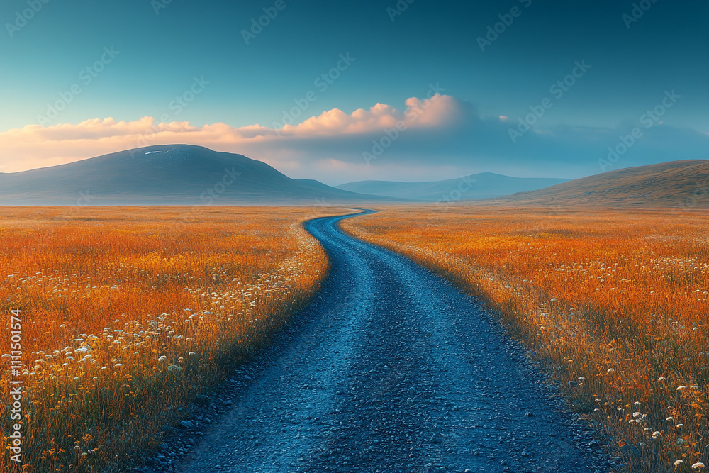 Winding Road Through Autumnal Field And Mountains Winding Road Through Autumnal Field And Mountains