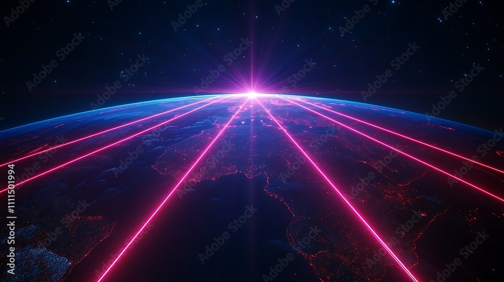 An illuminated Earth with bright laser beams connecting various points across oceans, intense light effects, neon blue and pink tones, dark backdrop, photorealistic render, ultra-realistic textures, An illuminated Earth with bright laser beams connecting various points across oceans, intense light effects, neon blue and pink tones, dark backdrop, photorealistic render, ultra-realistic textures,
