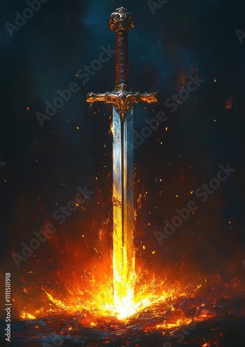 Sword of Flames: A Majestic Weapon in a Fiery Battlefield photo