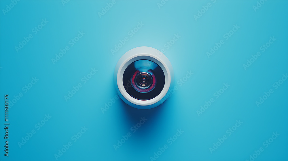 Overhead View of a Modern Security Camera Lens on a Bright Blue Background Overhead View of a Modern Security Camera Lens on a Bright Blue Background