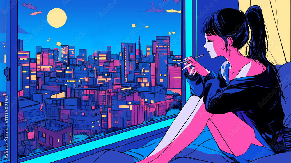 平成レトロなイメージの都会と少女のイラスト,日本,ノスタルジー,ポップ,かわいい,