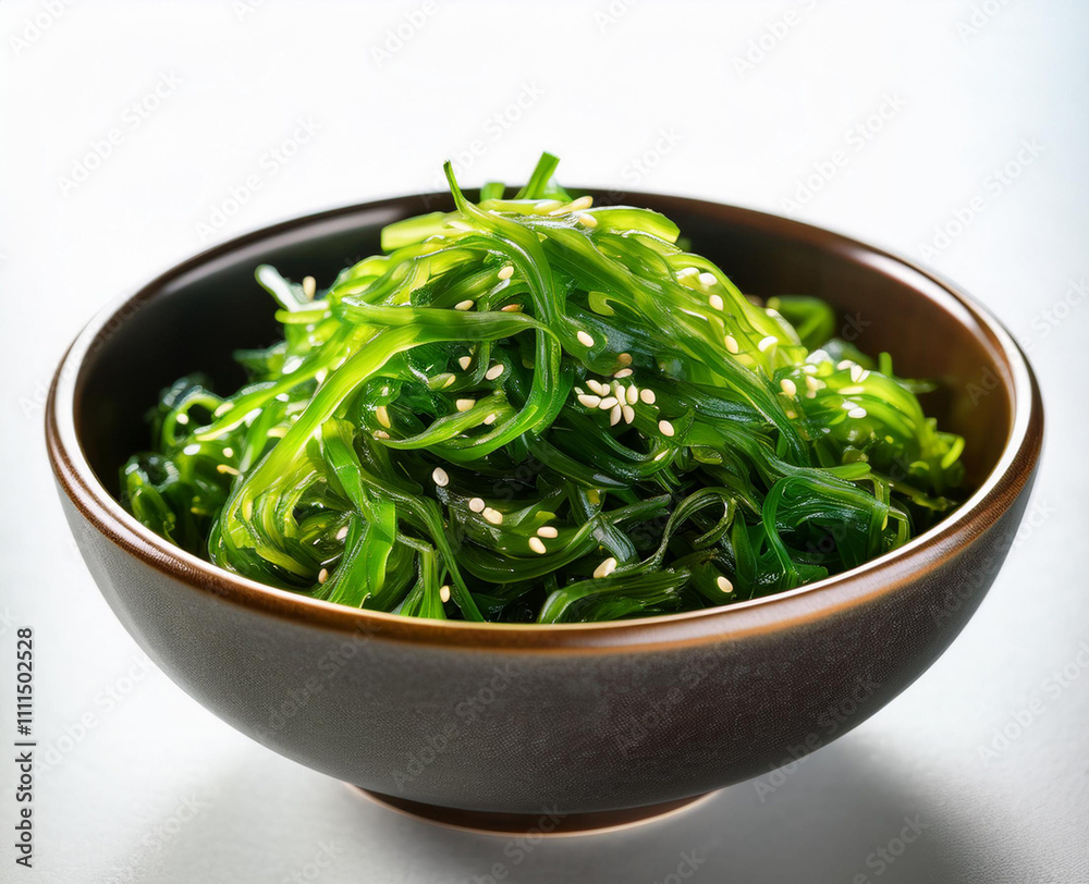 a bowl of wakame seaweed salad isolated on the table a bowl of wakame seaweed salad isolated on the table