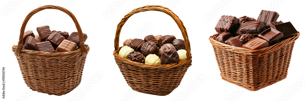 Chocolates romantic gestures concept. Delicious chocolate gift baskets filled with assorted treats and sweets Chocolates romantic gestures concept. Delicious chocolate gift baskets filled with assorted treats and sweets