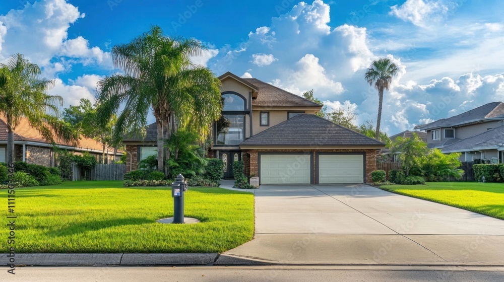 Beautiful Suburban Home Surrounded by Lush Green Grass and Palm Trees Under a Bright Blue Sky with Fluffy White Clouds Beautiful Suburban Home Surrounded by Lush Green Grass and Palm Trees Under a Bright Blue Sky with Fluffy White Clouds