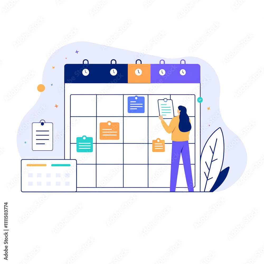 Schedule management flat illustration set, featuring characters organizing tasks, scheduling calendar events, and creating to-do lists. Ideal for business, productivity, and time management conc Schedule management flat illustration set, featuring characters organizing tasks, scheduling calendar events, and creating to-do lists. Ideal for business, productivity, and time management conc