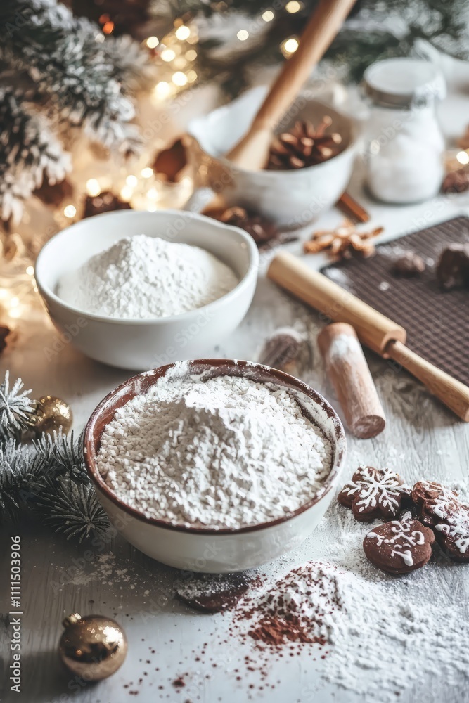 A festive kitchen with bowls of flour, sugar, and cocoa powder ready for mixing. Rolling pins and baking mats are laid out for holiday A festive kitchen with bowls of flour, sugar, and cocoa powder ready for mixing. Rolling pins and baking mats are laid out for holiday