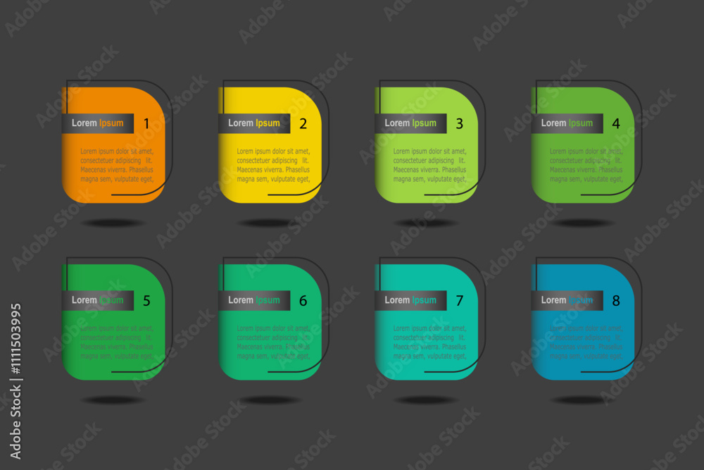 infographic elements template, business concept with 8 steps, grey rectangle with colorful label design for workflow layout, diagram, annual report, web design. Creative banner, vector infographic elements template, business concept with 8 steps, grey rectangle with colorful label design for workflow layout, diagram, annual report, web design. Creative banner, vector