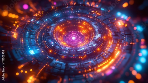 A circular radar interface showcasing glowing pulsating nodes, dynamic holographic rings, intricate geometric grid layers, and seamless neon motion trails, futuristic and immersive,