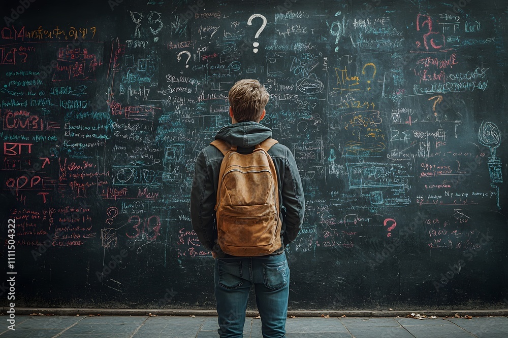 A man stands in front of a blackboard with question marks and scribbles, trying to figure out the details of his business plan A man stands in front of a blackboard with question marks and scribbles, trying to figure out the details of his business plan