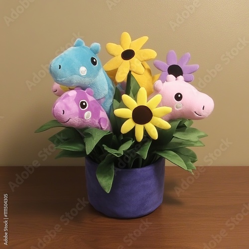 Colorful plush dinosaur toys arranged like flowers in a purple pot. photo