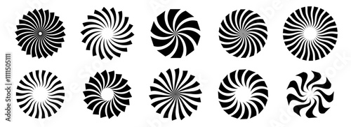 Set of black circle rotating rays and beams. Radial sunburst element pack. Round spinning swirls, stars, wheels and twirls pack. Illustration bundle for banner, badge, sticker, poster, logo. Vector