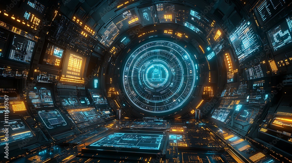 Fototapeta premium A futuristic 3D dashboard featuring glowing graphs, rotating holographic charts, intricate grid designs, and seamless motion effects, set in a high-tech digital environment, hd quality. --ar 16:9