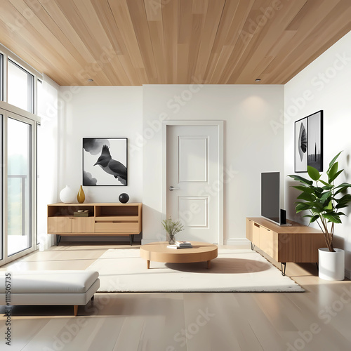 Modern living room interior with door and sideboard 3d rendering
