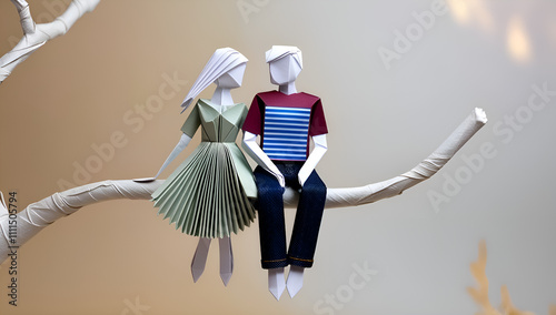 Origami romantic couple on a delicate tree branch with a natural light backdrop, origami boy and origami girl.