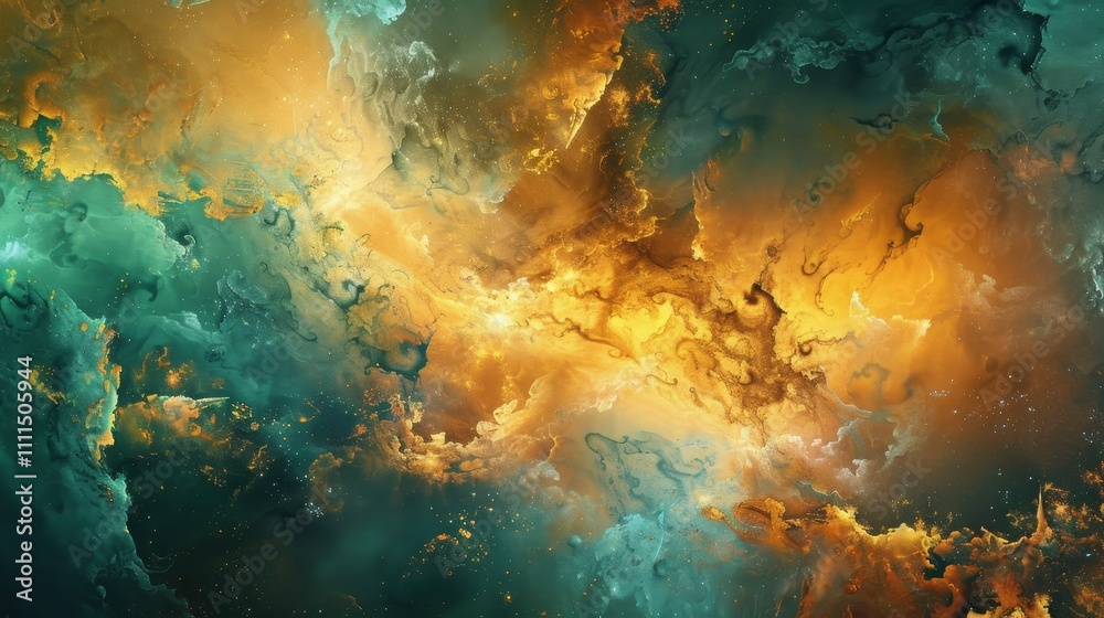 Golden and teal nebula clouds intertwine, creating a breathtaking cosmic landscape filled with vibrant colors and ethereal beauty