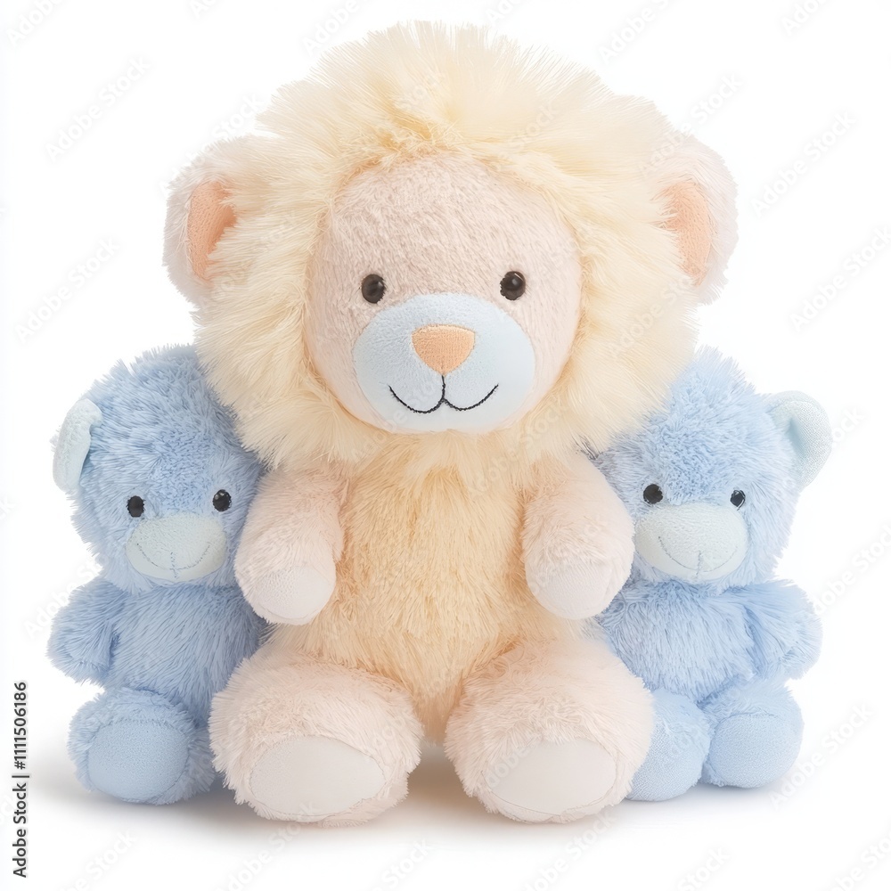 Cream lion plush toy flanked by two light blue teddy bears. Cream lion plush toy flanked by two light blue teddy bears.