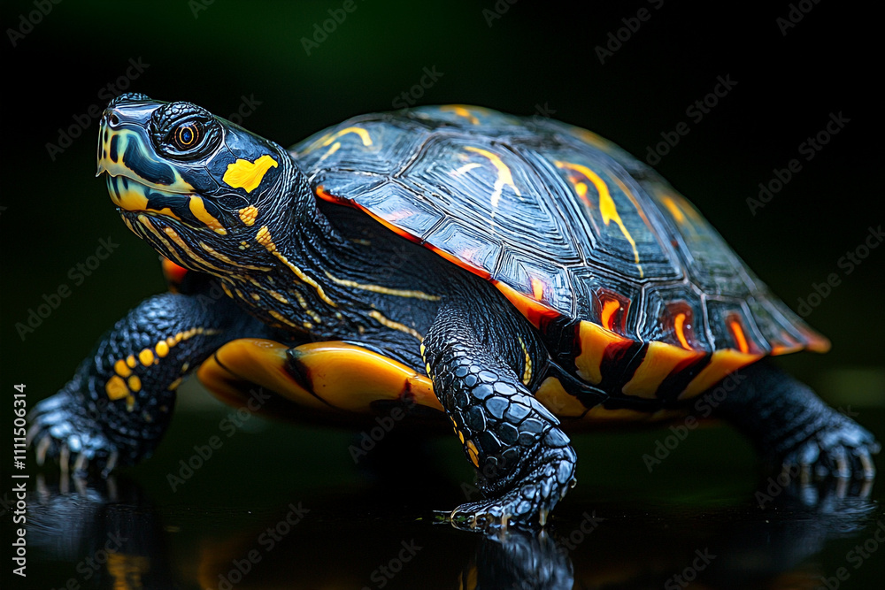 Vibrant Yellow And Black Turtle Near Water Vibrant Yellow And Black Turtle Near Water