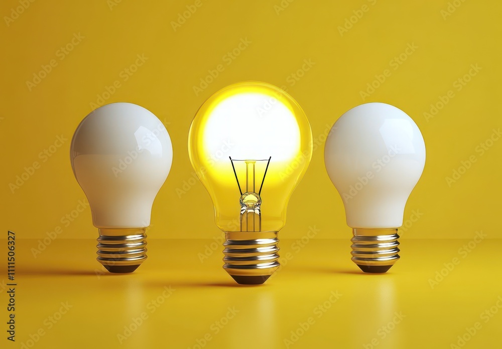 Yellow Light Bulbs and Glowing White Bulb on Yellow Background Yellow Light Bulbs and Glowing White Bulb on Yellow Background