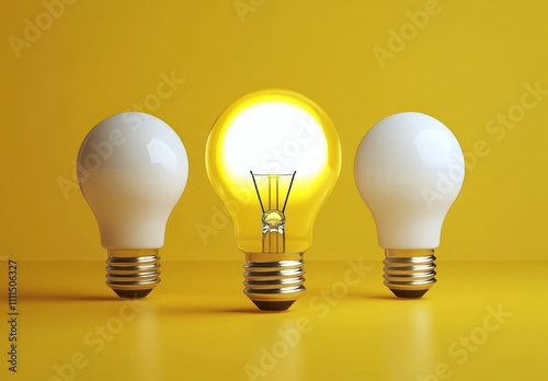 Yellow Light Bulbs and Glowing White Bulb on Yellow Background