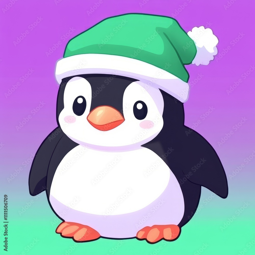 Naklejka premium Cute cartoon penguin wearing a green winter hat.
