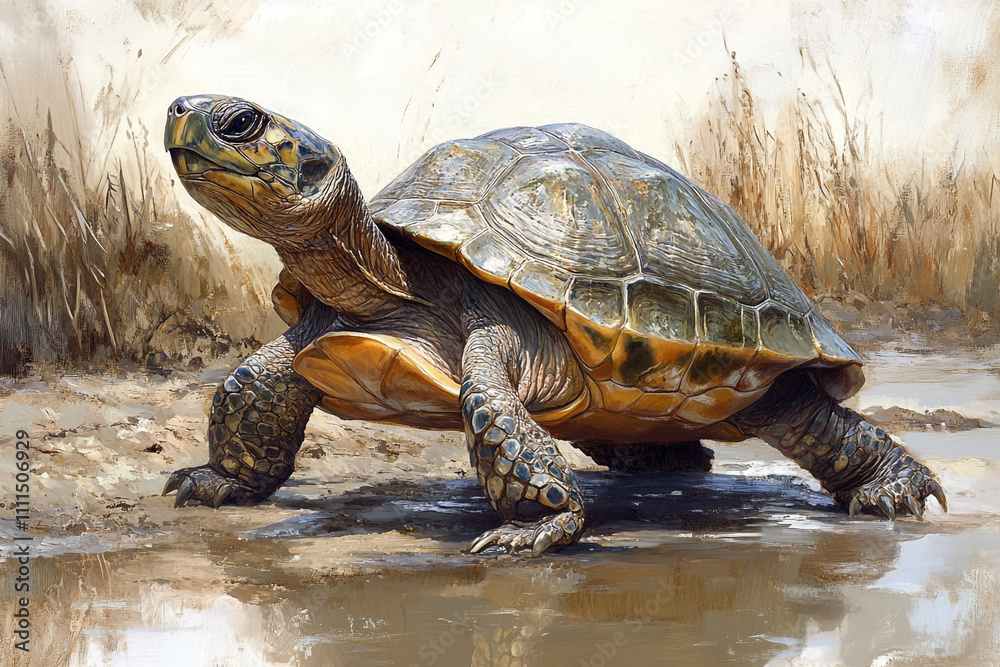 Fototapeta premium Majestic Tortoise Walking Near Water In A Natural Habitat