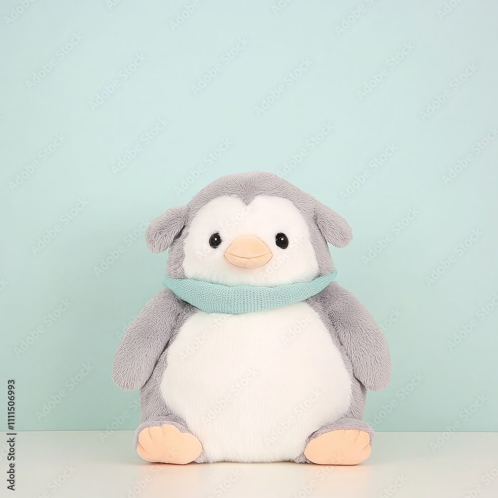Cute grey plush penguin toy wearing a light teal scarf, sitting on a white surface against a light blue background. Cute grey plush penguin toy wearing a light teal scarf, sitting on a white surface against a light blue background.
