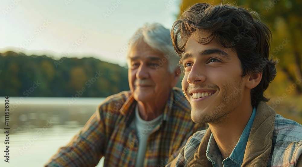 Happy athletic man enjoys in cycling with his senior father by the river Happy athletic man enjoys in cycling with his senior father by the river