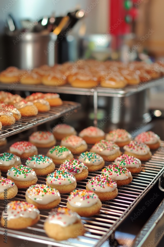 Freshly baked holiday treats cool on wire racks as the kitchen fills with sweet aromas. Icing and sprinkles are ready for decorating Freshly baked holiday treats cool on wire racks as the kitchen fills with sweet aromas. Icing and sprinkles are ready for decorating