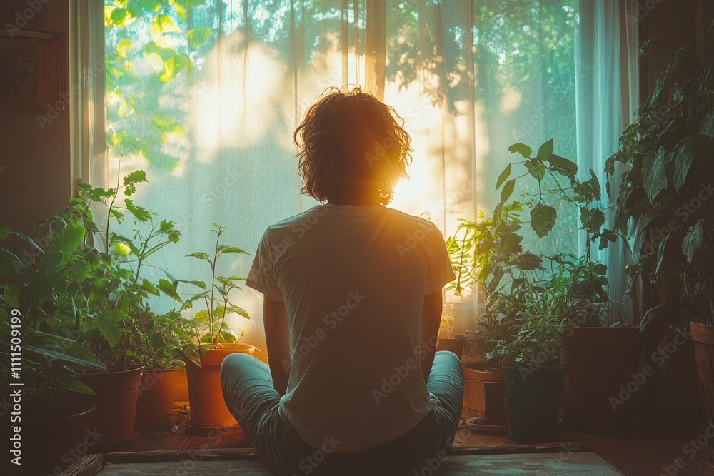 Young Woman in Bright Room Waving Goodbye to Camera with Joyful Smile and Green Plants Young Woman in Bright Room Waving Goodbye to Camera with Joyful Smile and Green Plants