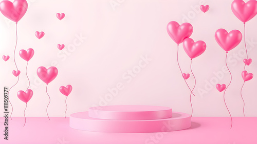 Pink heart-shaped balloons and a pink podium on a minimalist background