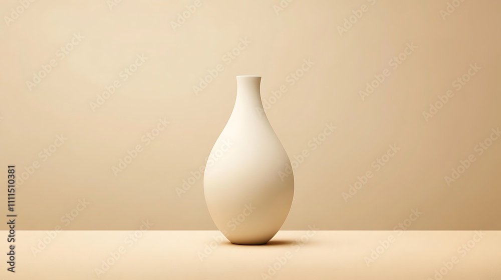 A simple 3D vase, matte white ceramic with sleek curves, resting on a plain light taupe background A simple 3D vase, matte white ceramic with sleek curves, resting on a plain light taupe background