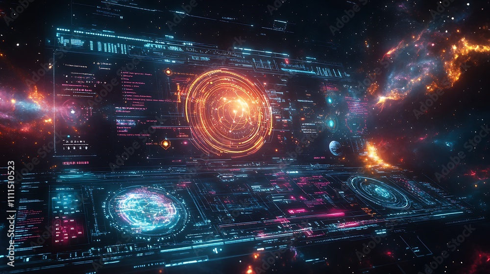 Obraz premium A futuristic HUD for interstellar navigation, showcasing glowing star charts, dynamic planetary motion visuals, layered holograms, vibrant nebula patterns, and intricate cosmic overlays,