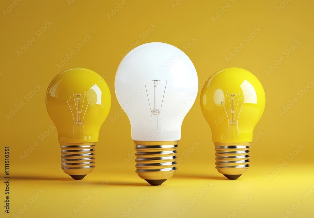Light Bulb Concept with Glowing White Bulb Surrounded by Yellow Bulbs on Vibrant Yellow Background Light Bulb Concept with Glowing White Bulb Surrounded by Yellow Bulbs on Vibrant Yellow Background
