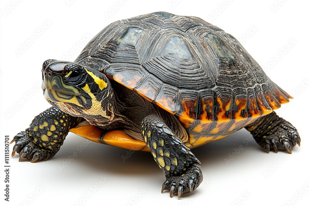 Fototapeta premium A vibrant yellow and black turtle isolated on white