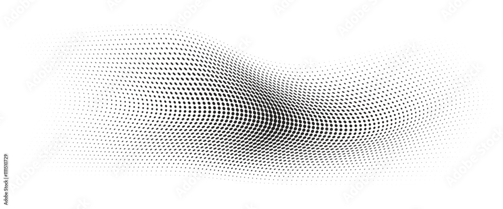 Flowing Wave Dot Halftone Pattern: Curve Gradient Shape on Transparent Background. Suitable for AI, Tech, Network, Digital, Science, and Technology Themes.
