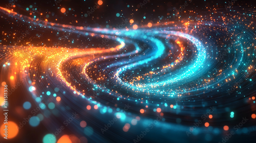 Futuristic flowing light patterns with sparkling digital particles in vibrant colors. Futuristic flowing light patterns with sparkling digital particles in vibrant colors.
