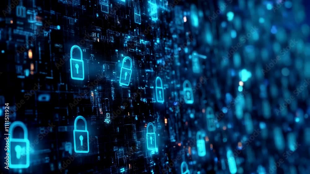 Digital Security Technology Background of Glowing Padlocks and Data Patterns Digital Security Technology Background of Glowing Padlocks and Data Patterns