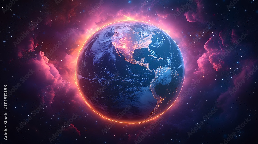 Glowing Earth in vibrant nebula. Glowing Earth in vibrant nebula.