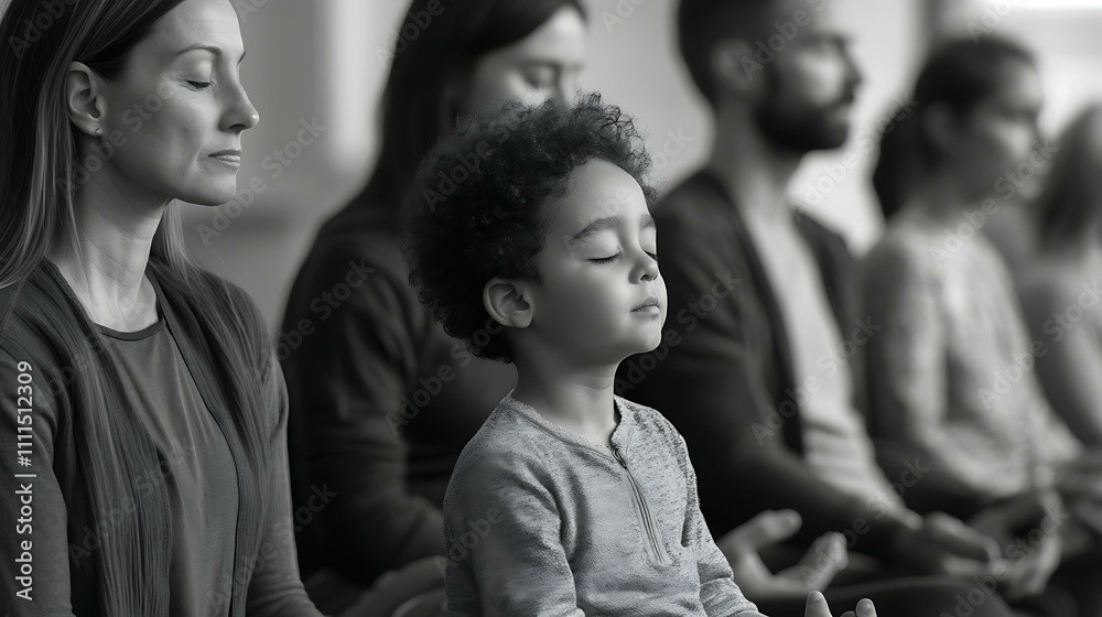 Group of individuals practicing mindful breathing in a guided meditation class Group of individuals practicing mindful breathing in a guided meditation class
