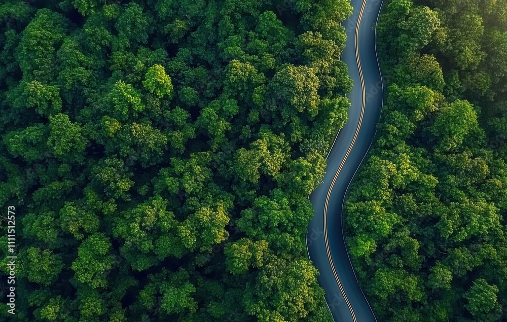 Aerial view of hydrogen energy truck on highway through green forest for sustainable transport and zero emission delivery