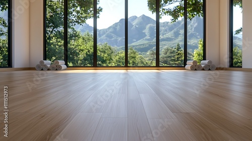 Serene Yoga Studio Mountain View Light Wood Floor Rolled Mats