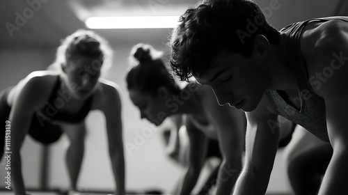 Group performing burpees together in a high-intensity interval training class photo