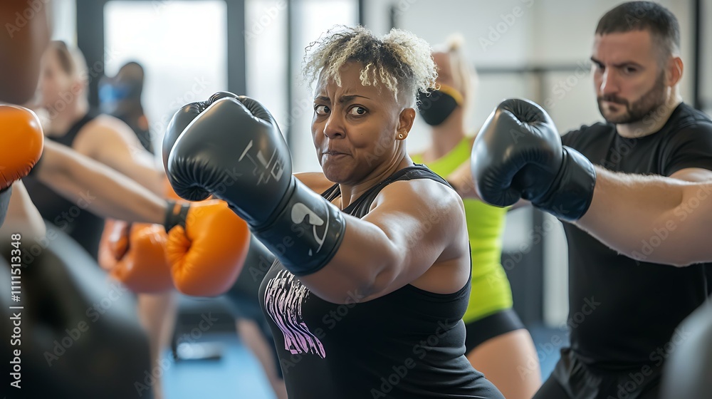 Mixed group of men and women engaging in a boxing-inspired fitness class with gloves and pads Mixed group of men and women engaging in a boxing-inspired fitness class with gloves and pads