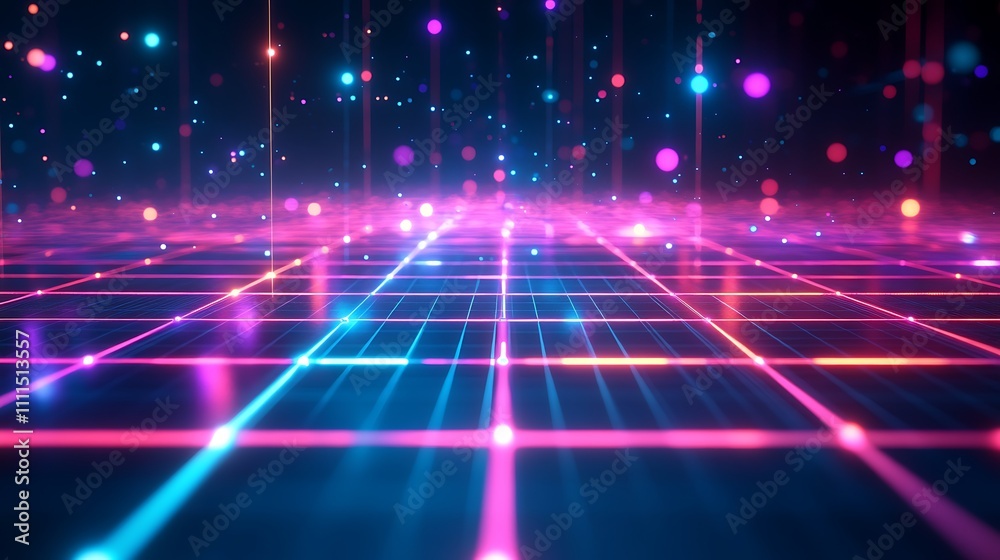 A glowing grid system with intricate geometric designs, vibrant neon nodes, seamless connection overlays, and dynamic holographic depth, set against a sleek sci-fi background, hd quality. --ar 16:9 A glowing grid system with intricate geometric designs, vibrant neon nodes, seamless connection overlays, and dynamic holographic depth, set against a sleek sci-fi background, hd quality. --ar 16:9