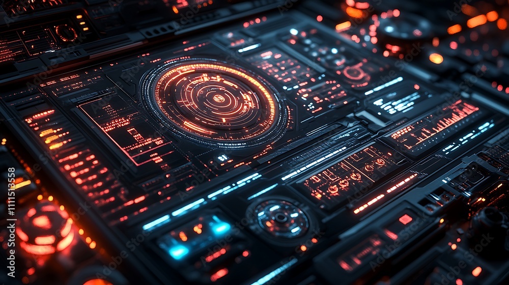 A glowing interface showcasing rotating metallic gears, pulsating neon paths, dynamic holographic grids, and intricate mechanical details, futuristic and immersive, set against a dark sci-fi backdrop,