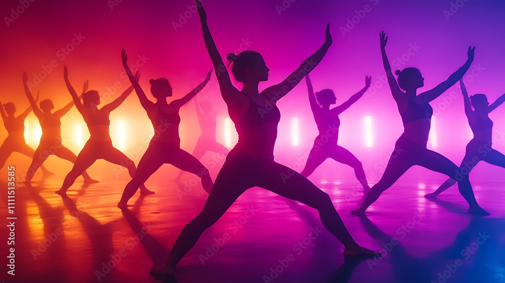 Participants holding warrior poses in a power yoga class with vibrant energy Participants holding warrior poses in a power yoga class with vibrant energy