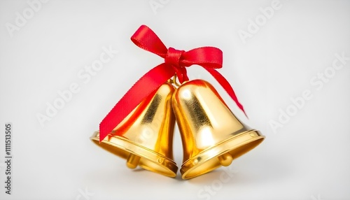 Two golden Christmas bells tied together with a red ribbon bow photo