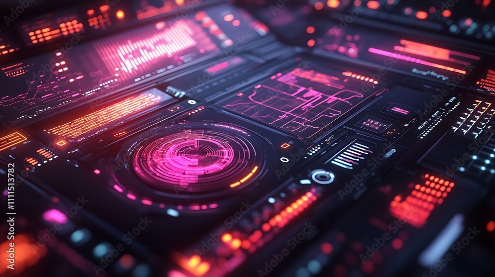 A glowing sci-fi dashboard with dynamic rotating 3D charts, intricate holographic graphs, vibrant neon highlights, and layered futuristic overlays, creating a sleek and immersive design, hd quality. A glowing sci-fi dashboard with dynamic rotating 3D charts, intricate holographic graphs, vibrant neon highlights, and layered futuristic overlays, creating a sleek and immersive design, hd quality.
